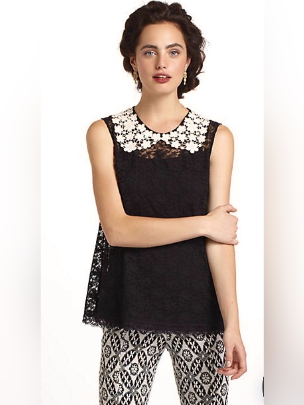 Anthropologie Eloise Black Floral Lace Peter Pan Crochet Appliqué Collar Top XS